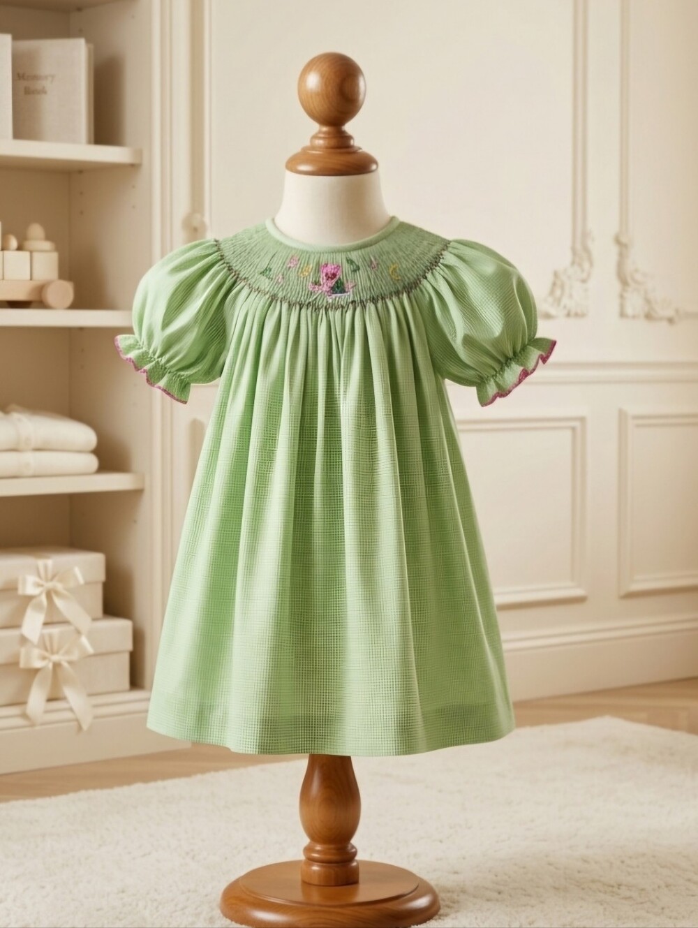 Amanda Remembered Sz 5 Green & White Microcheck Bishop Dress | Vintage 2004
